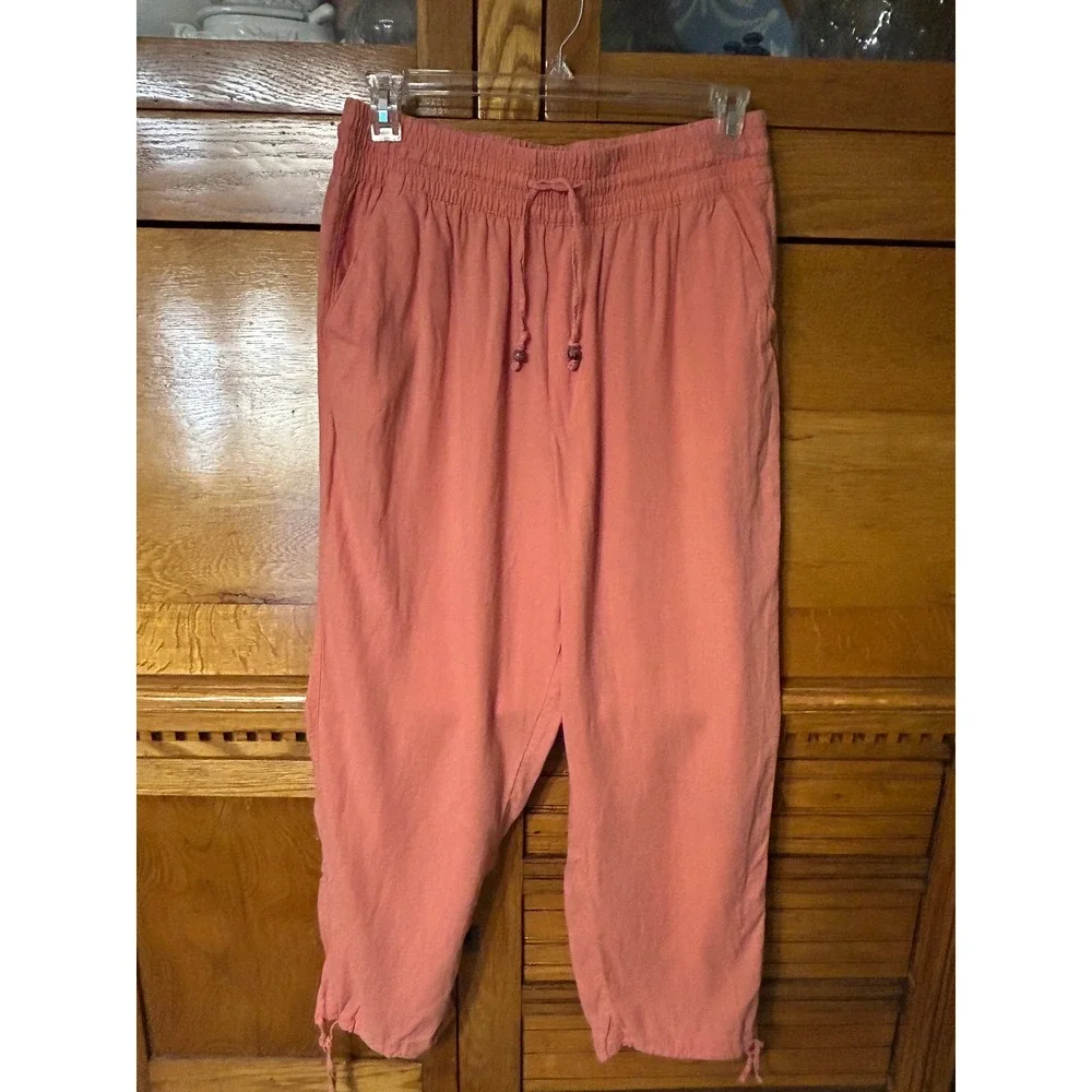 C&C California Boho Chic Coral Pink Linen Blend Drawstring Wide Leg Crop Pants